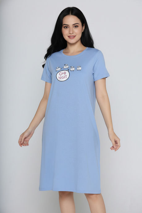 Zivame Farm Lore Knit Cotton Knee Length Night Dress - Chambray Blue — image 5